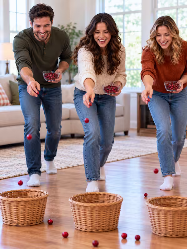 Players tossing cranberries into baskets during a Thanksgiving party game