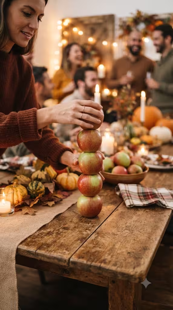 Woman playing Apple stack game during a Thanksgiving party