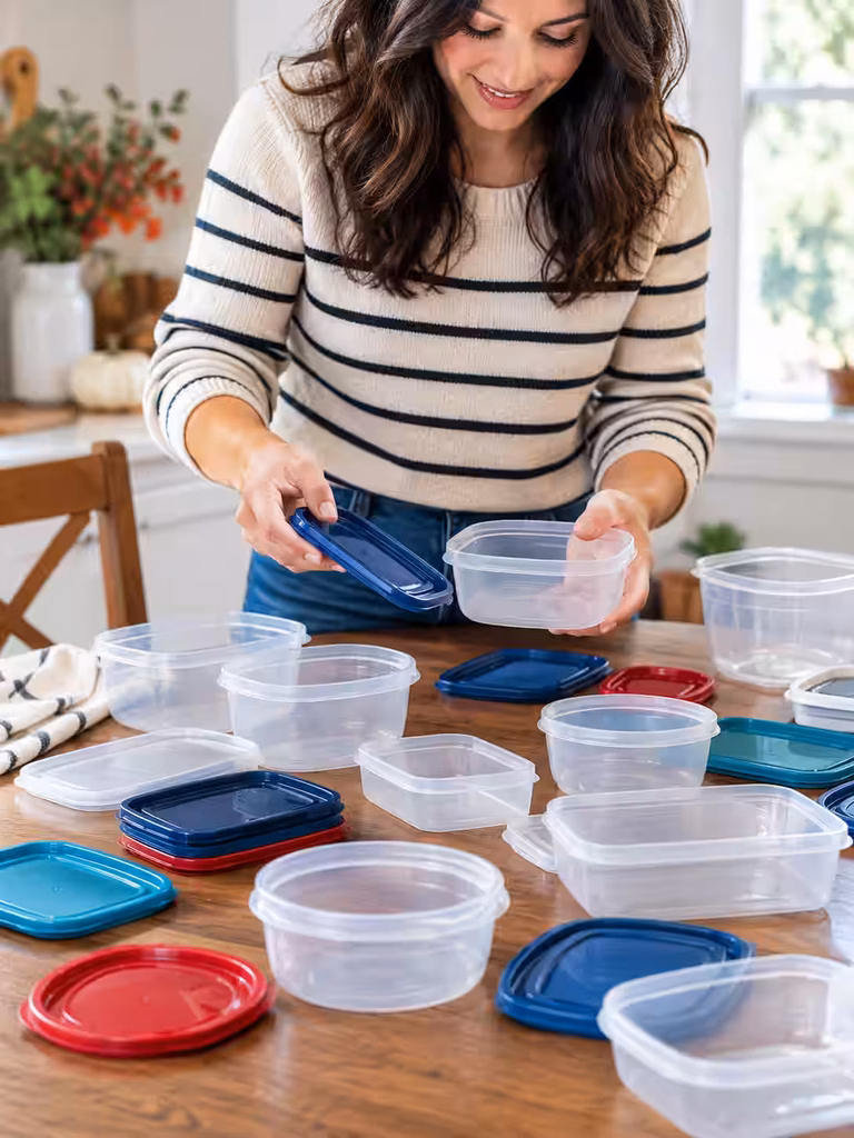 Woman playing thanksgiving minute to win it game of matching colorful lids to food containers.