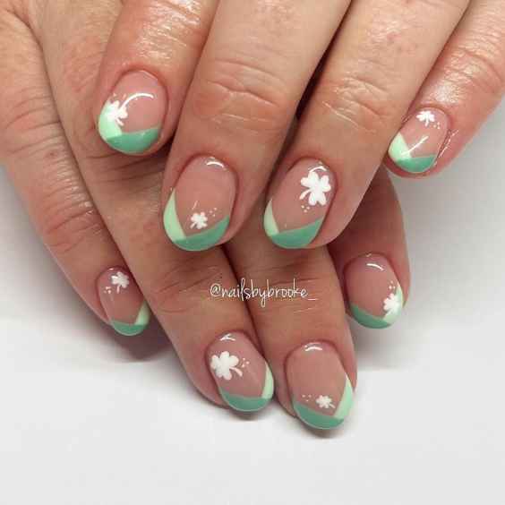 Dual Green shade Toned French Tips with Shamrock details
