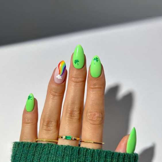 Neon green almond-shaped nails for St Patrick's Day