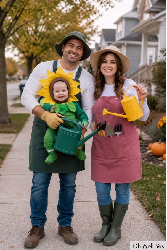 Family of three halloween costumes, Sunflower and gardeners