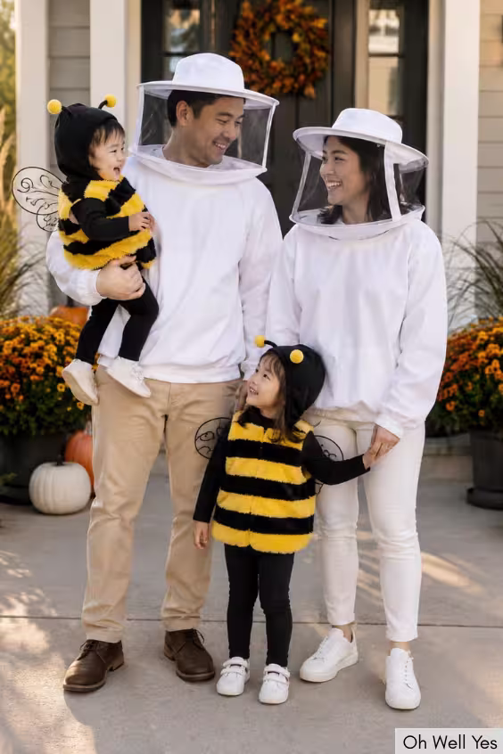 Halloween family costumes baby bees and beekeepers