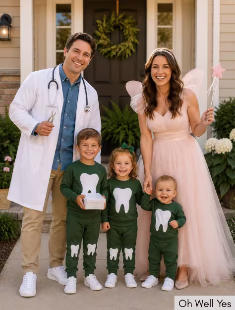Halloween family group costume, dentist, tooth fairy and kids dressed as cute teeth