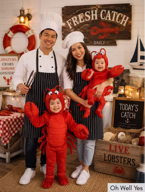 Halloween family group costumes featuring chefs and baby lobsters
