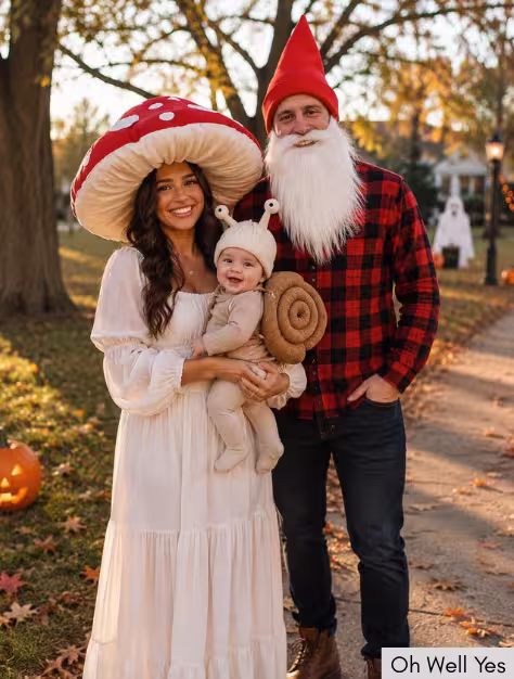 Mushroom, Garden Gnome & Baby Snail Halloween family costume