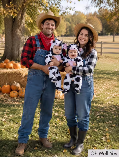 cute Farmers & Baby Cows trick or treating family costumes