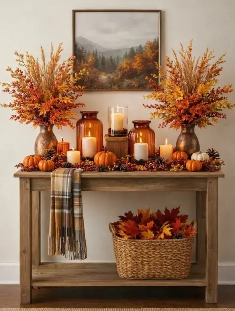 Warm, Rustic Autumn Harvest console table