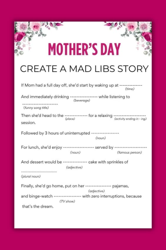 Hilarious Mother's Day Mad libs activity you can try with mom