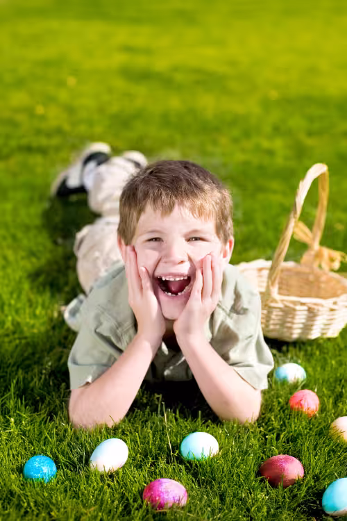 a young boy enjoying an easter egg hunt tradition
