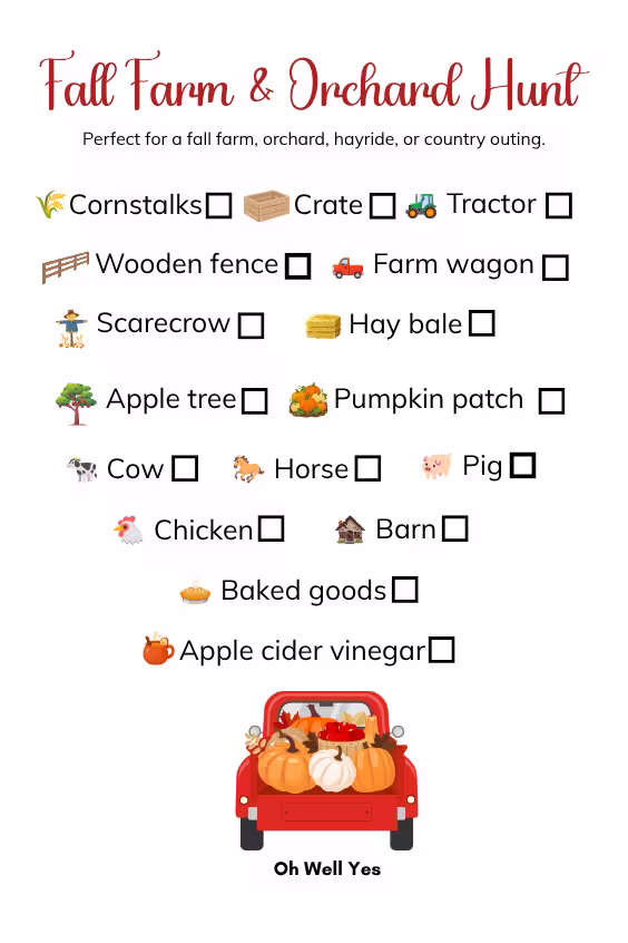 free printable Fall Farm & Orchard Scavenger Hunt for families