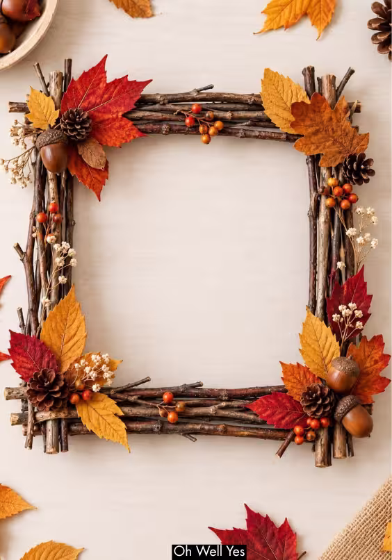 fall nature picture frame made with twigs, leaves and branches