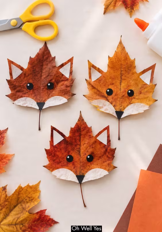DIY fox faces made from fall leaves