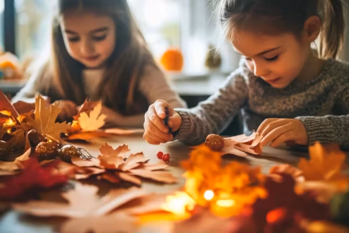 two-young-girls-crafting-with-fall-leaves