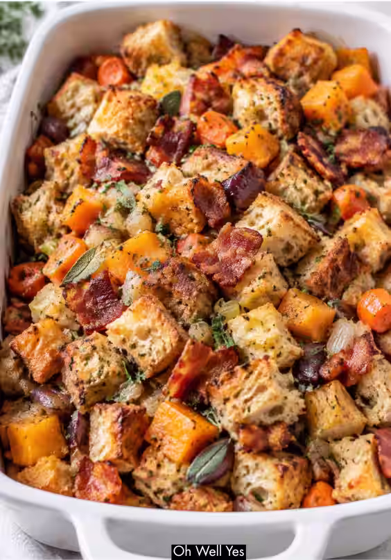 Roasted Autumn Vegetable and Bacon Stuffing for Fall dinners