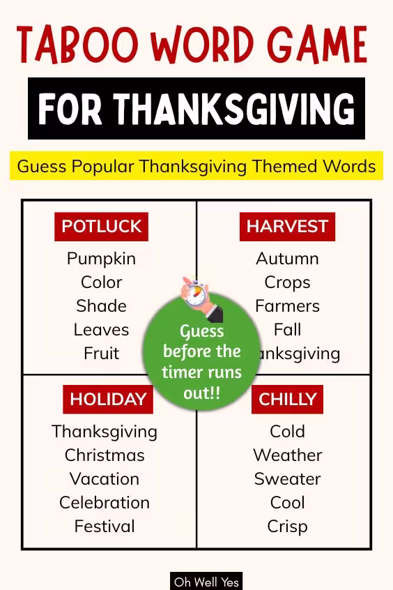 Thanksgiving Exciting Taboo Word Game for groups, parties and family games