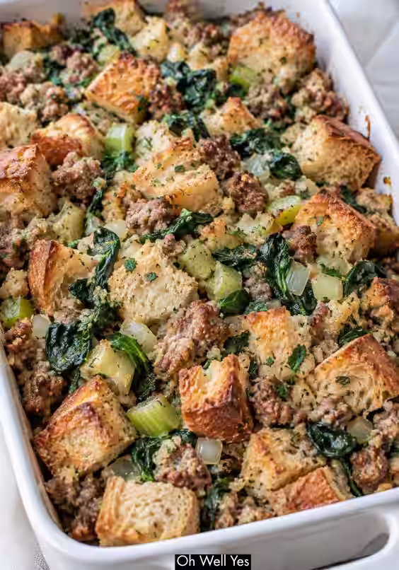 Thanksgiving dinner Turkey Sausage and Spinach Stuffing recipe